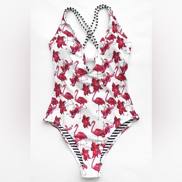 Cupshe flaming & flowers Free To Fly Print One-piece Swimsuit white pink L NWT - Picture 9 of 12